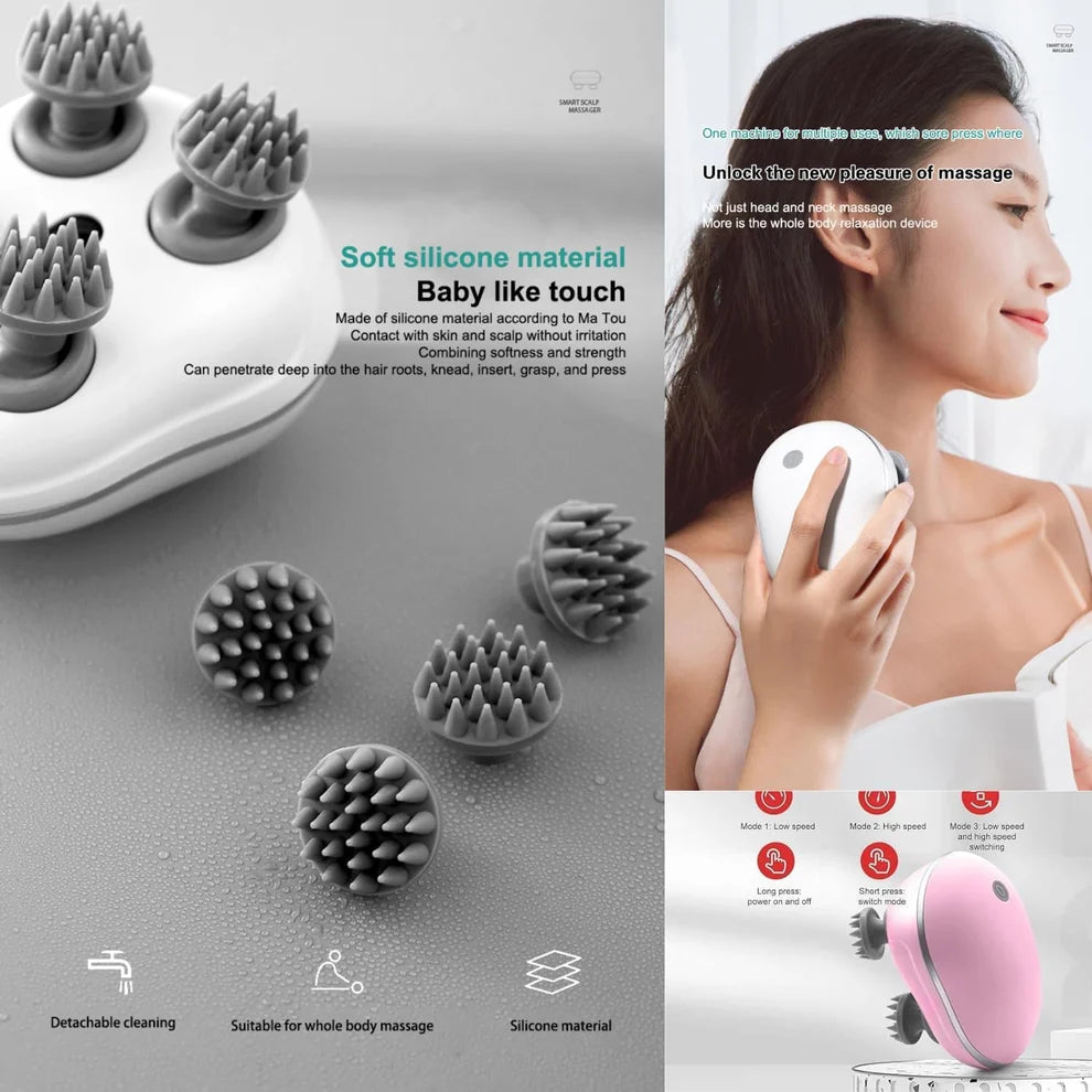 Electric Scalp Massager | 96 Silicone Kneading Points | Detachable Heads | Scalp, Head & Body Massager