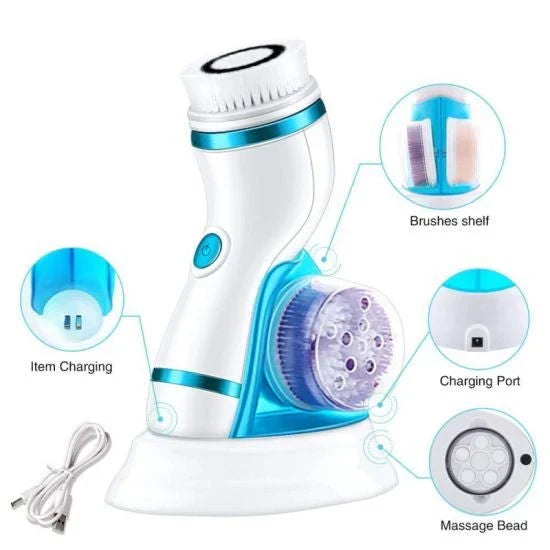4-in-1 Electric Face Cleanser & Massager | Rechargeable Facial Cleansing & Exfoliating Brush | Skin Care Tool