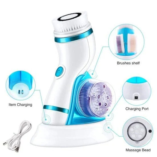 4-in-1 Electric Face Cleanser & Massager | Rechargeable Facial Cleansing & Exfoliating Brush | Skin Care Tool